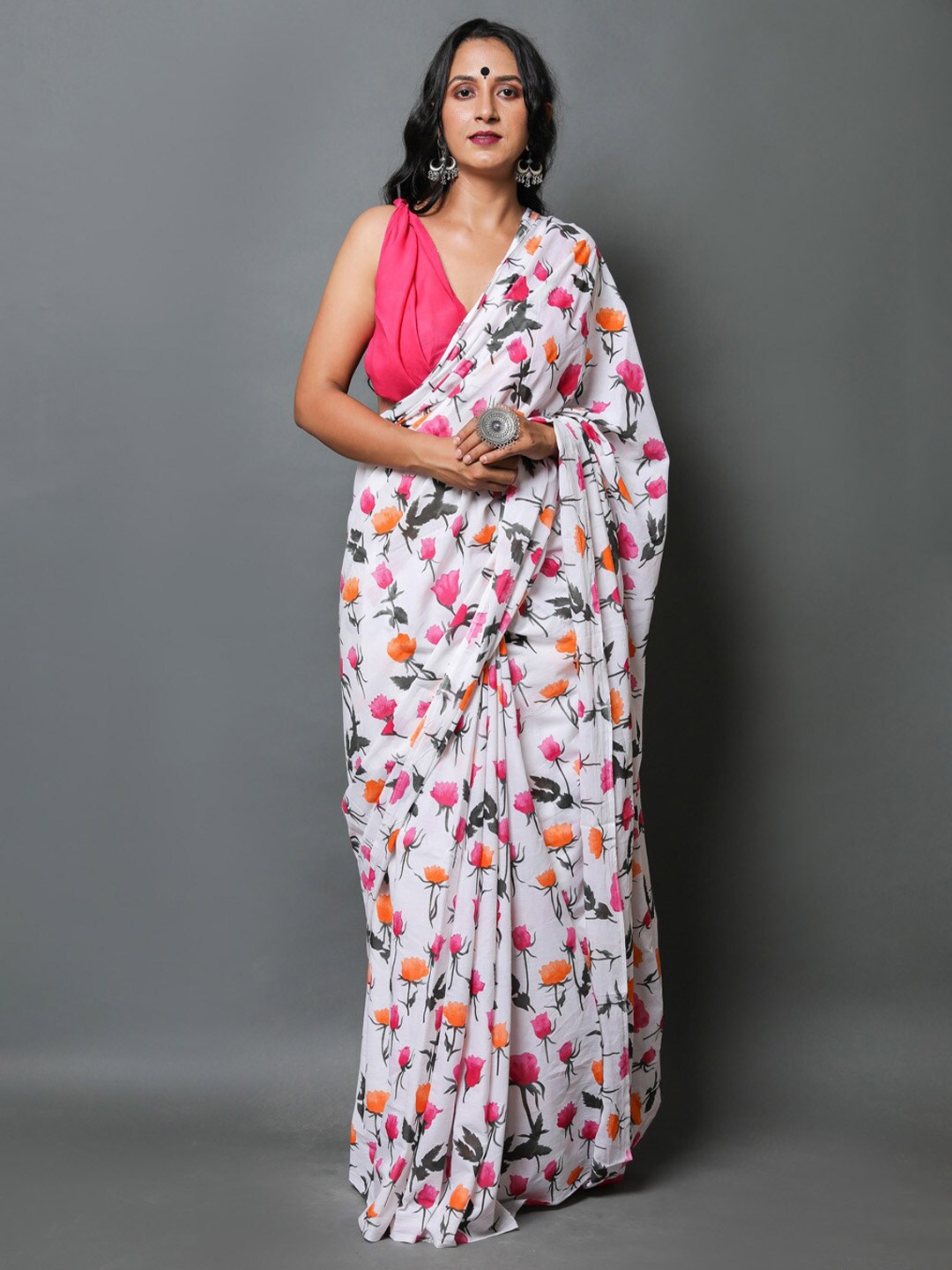 

Sanganeri Print Floral Pure Cotton Ikat Saree, White