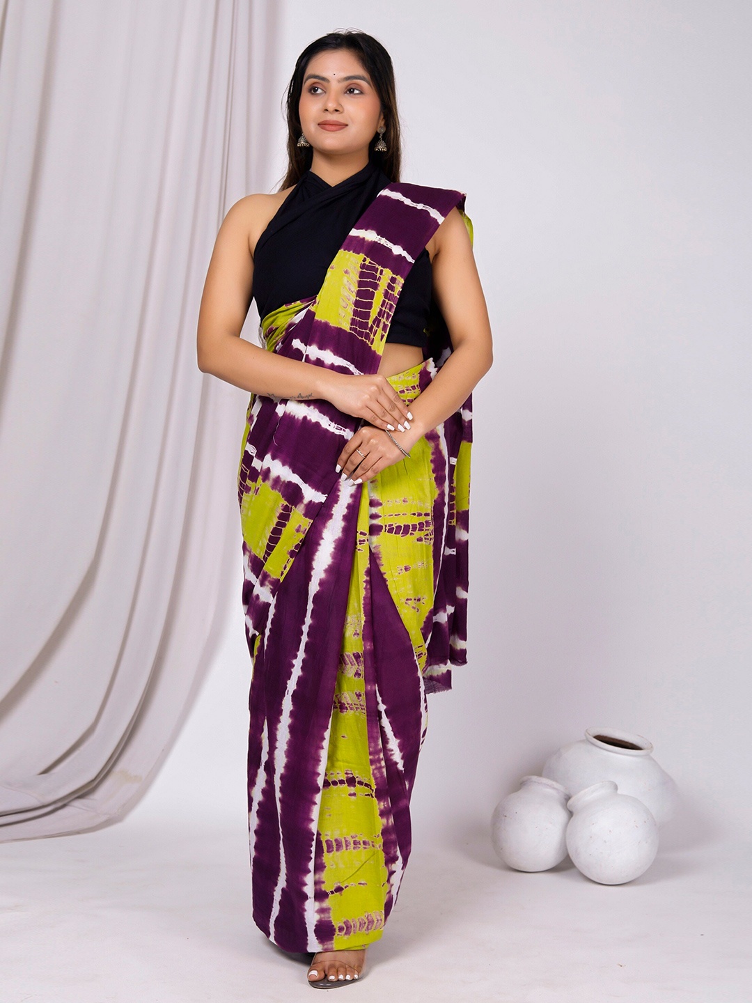 

Sanganeri Print Tie and Dye Pure Cotton Block Print Saree, Green