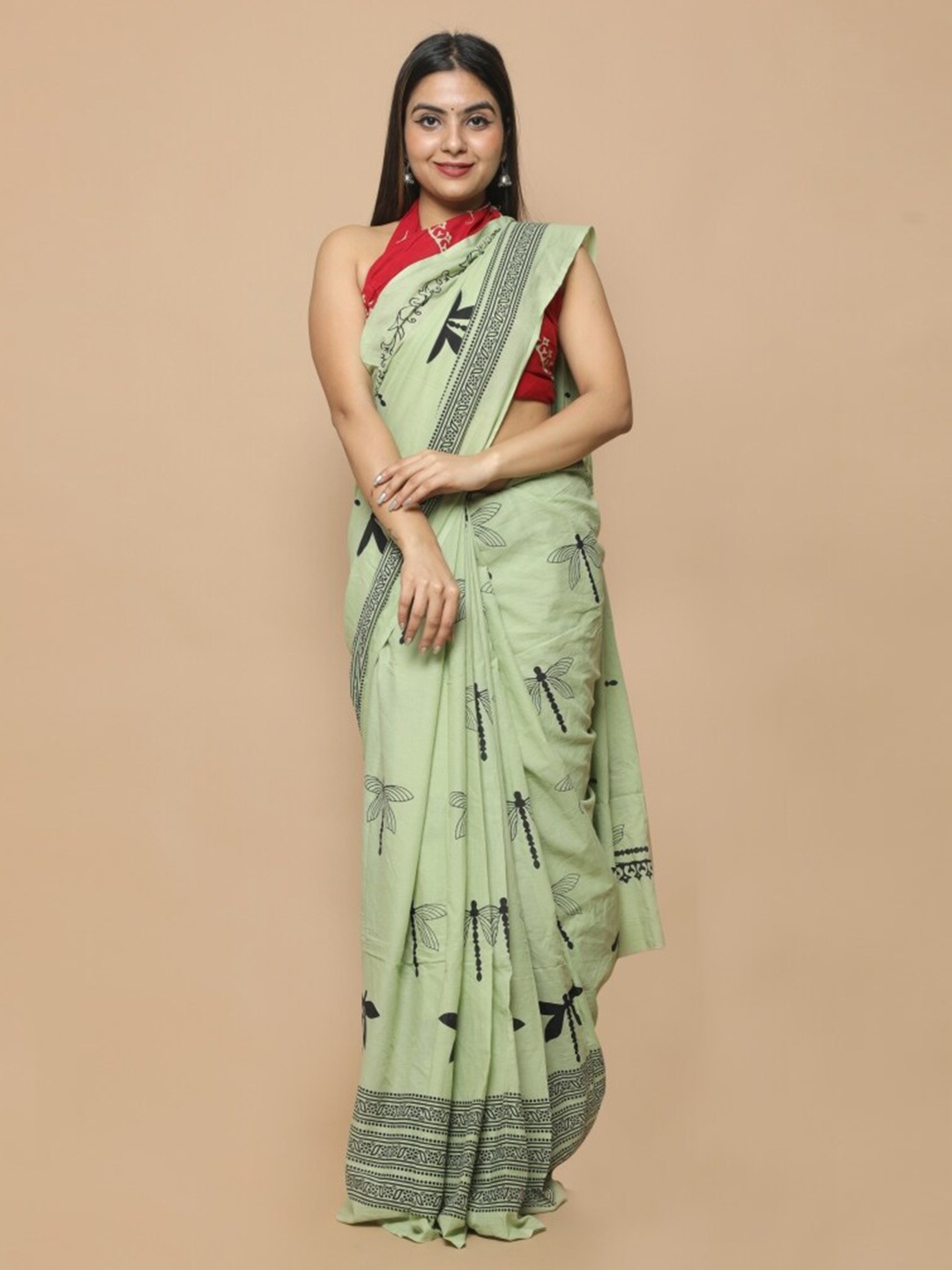 

Sanganeri Print Floral Pure Cotton Block Print Saree, Lime green