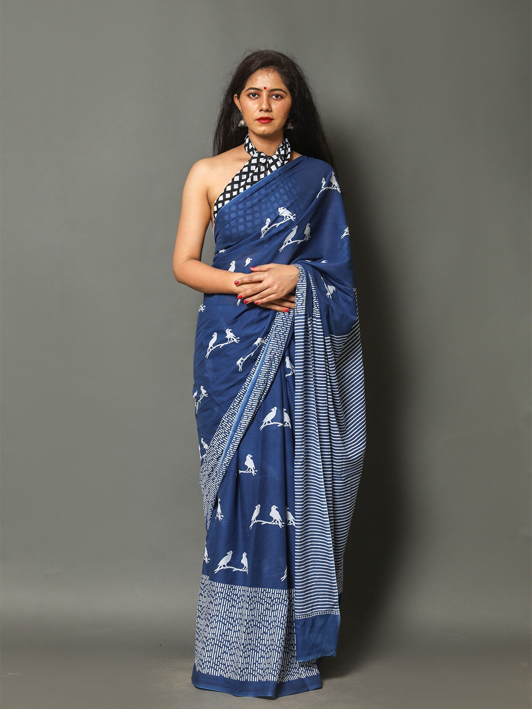 

Sanganeri Print Pure Cotton Block Print Saree, Blue