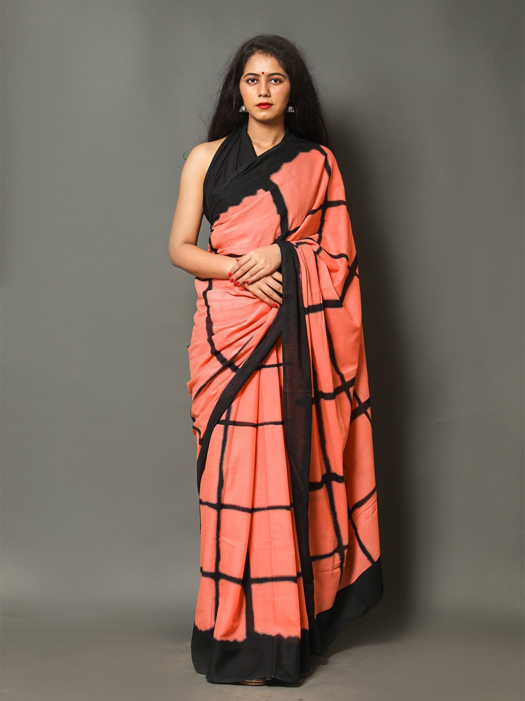 

Sanganeri Print Checked Printed Pure Cotton Bandhani Saree, Red
