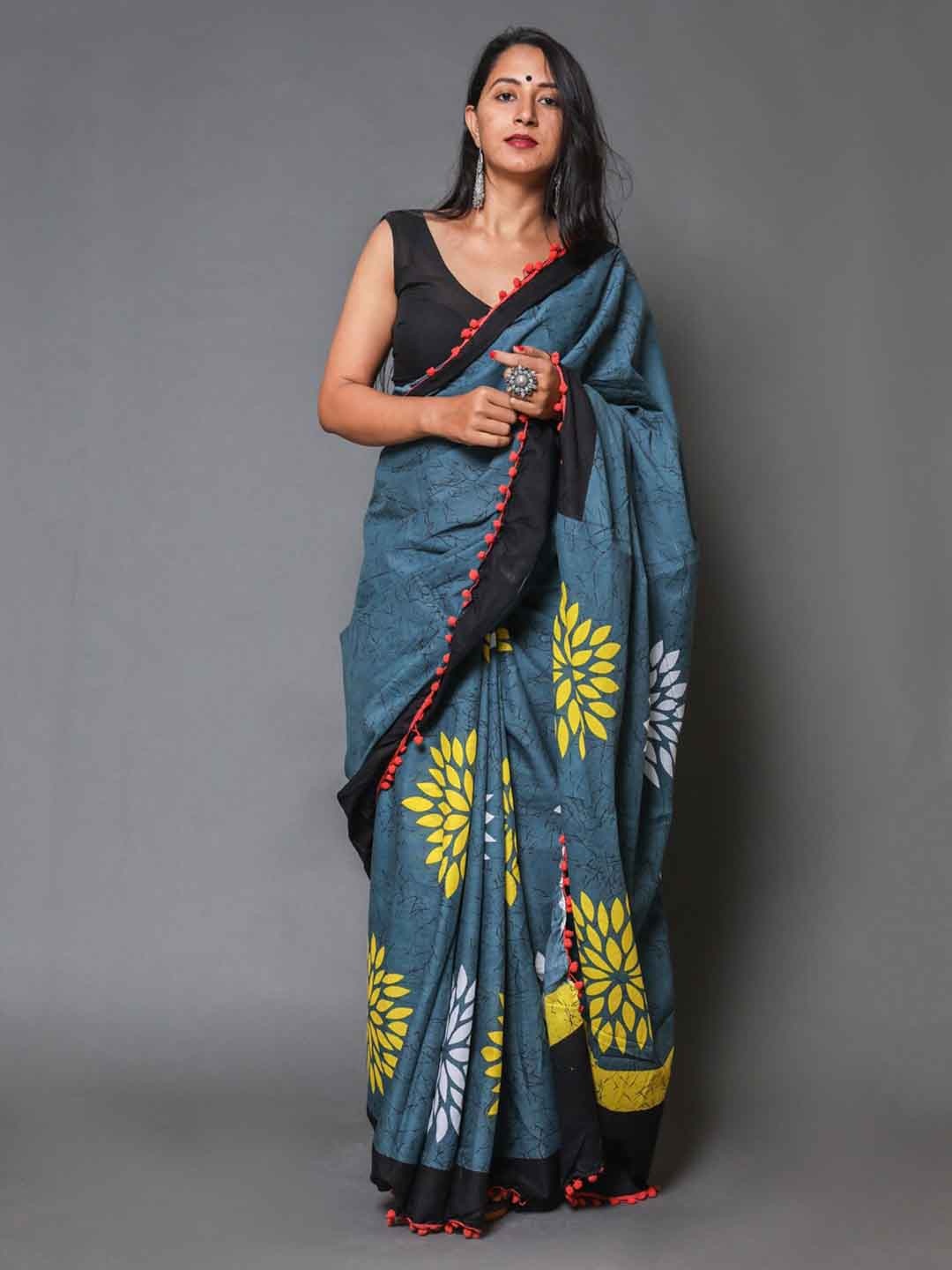 

Sanganeri Print Pure Cotton Block Print Saree, Blue