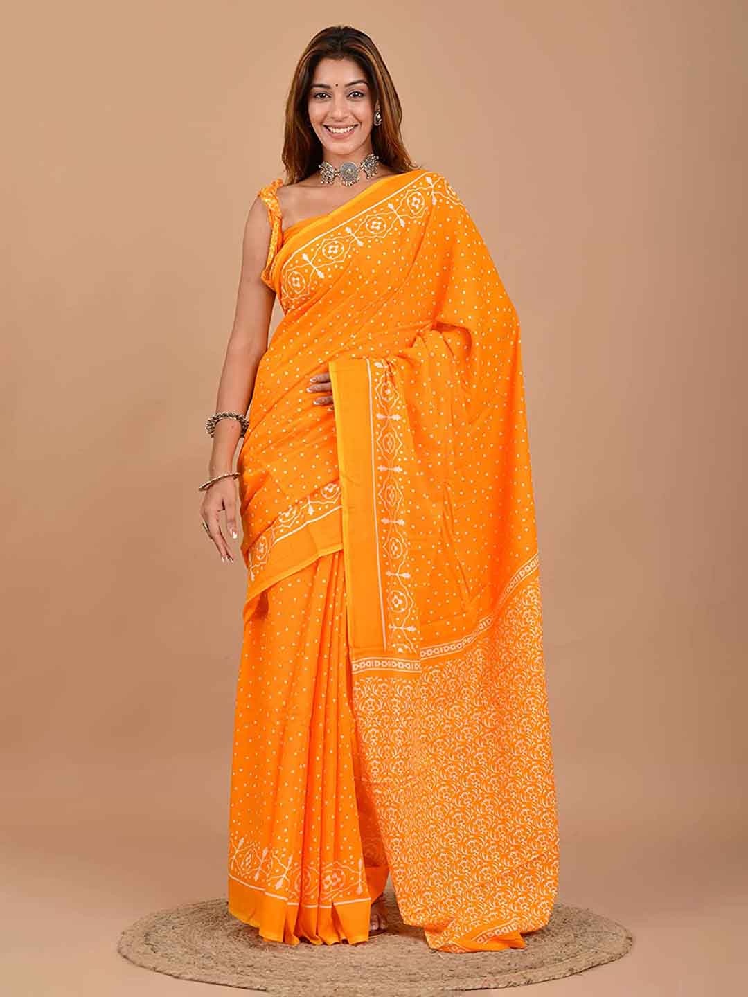 

Sanganeri Print Polka Dot Pure Cotton Block Print Saree, Orange