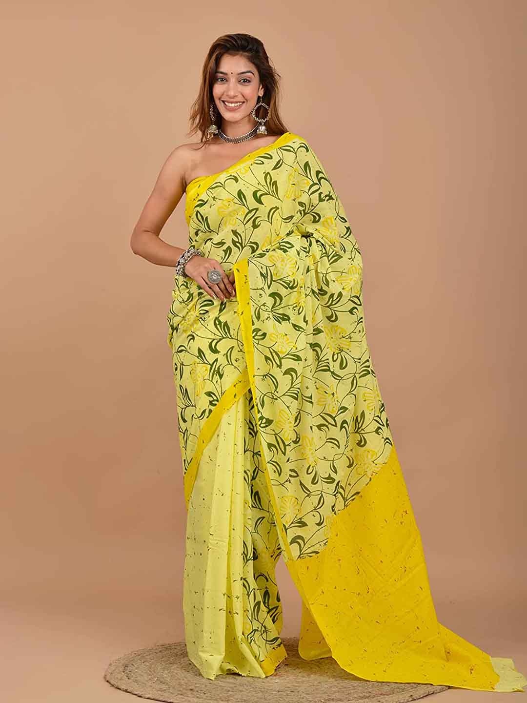 

Sanganeri Print Floral Pure Cotton Block Print Saree, Yellow