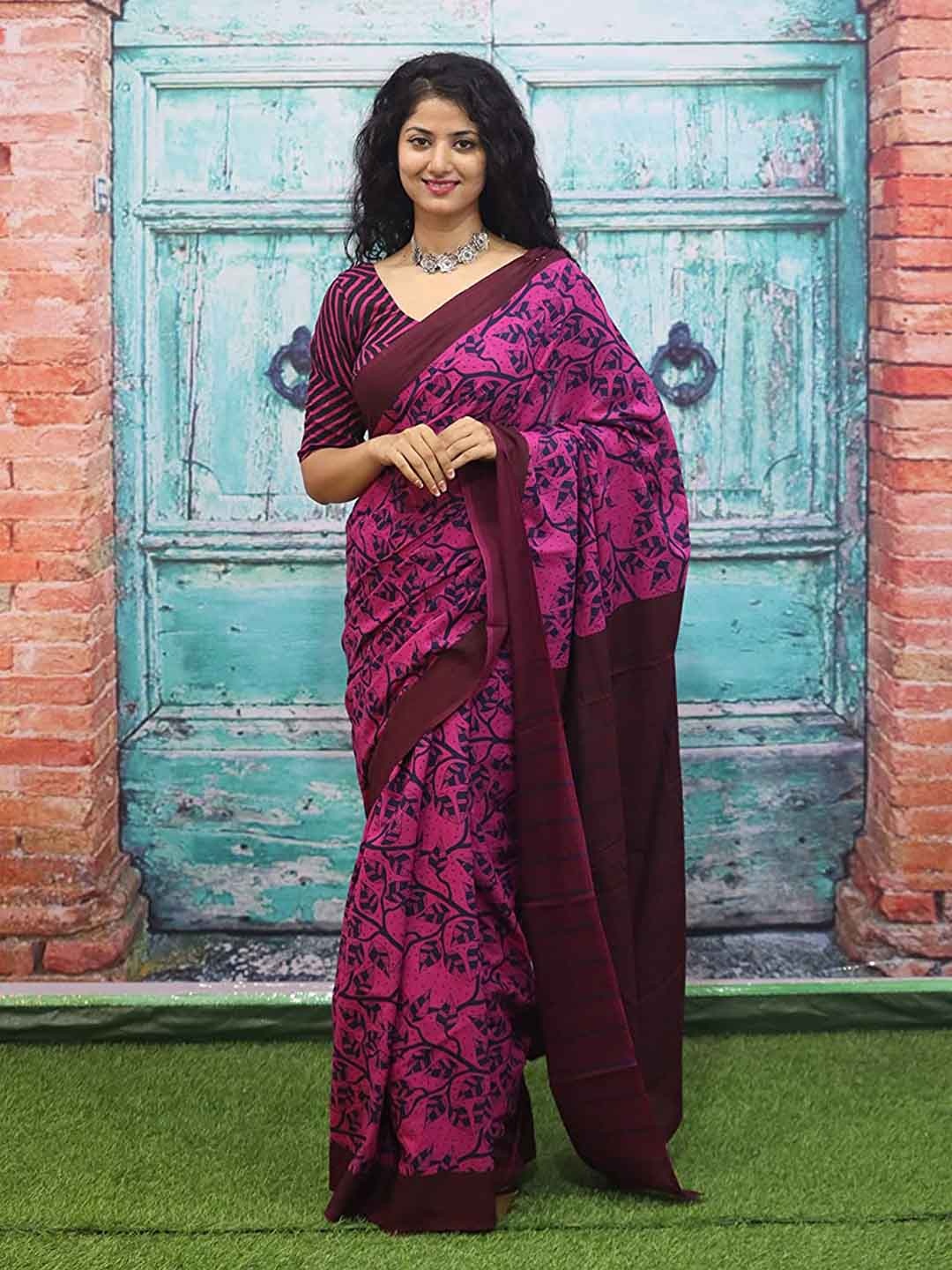 

Sanganeri Print Floral Printed Pure Cotton Block Print Saree, Pink