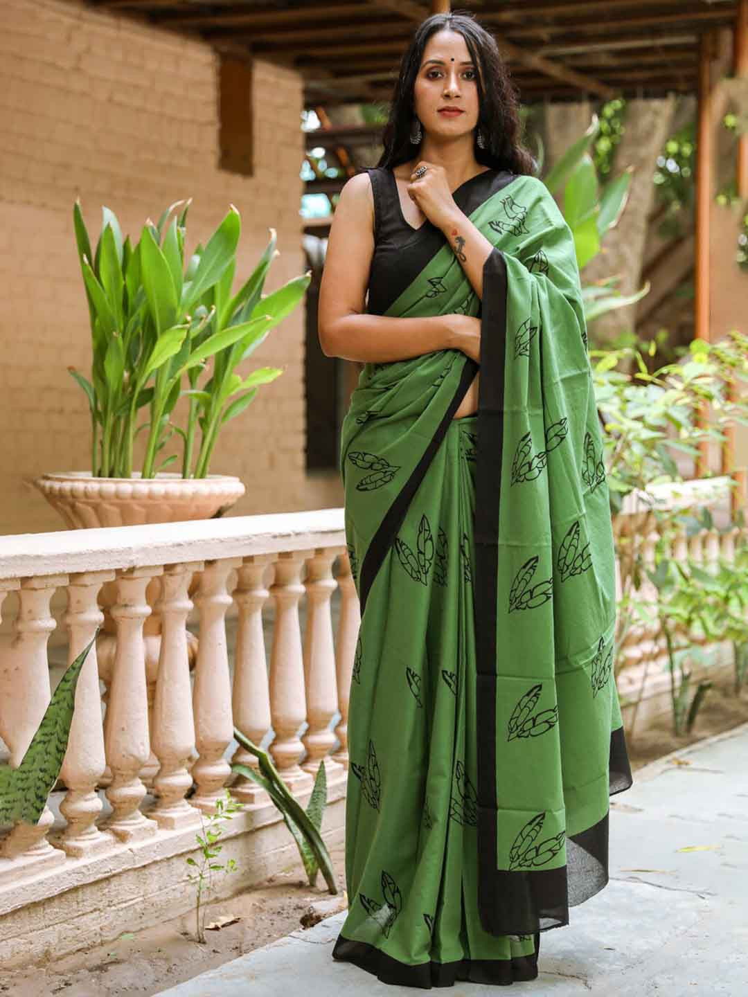 

Sanganeri Print Floral Pure Cotton Block Print Saree, Green
