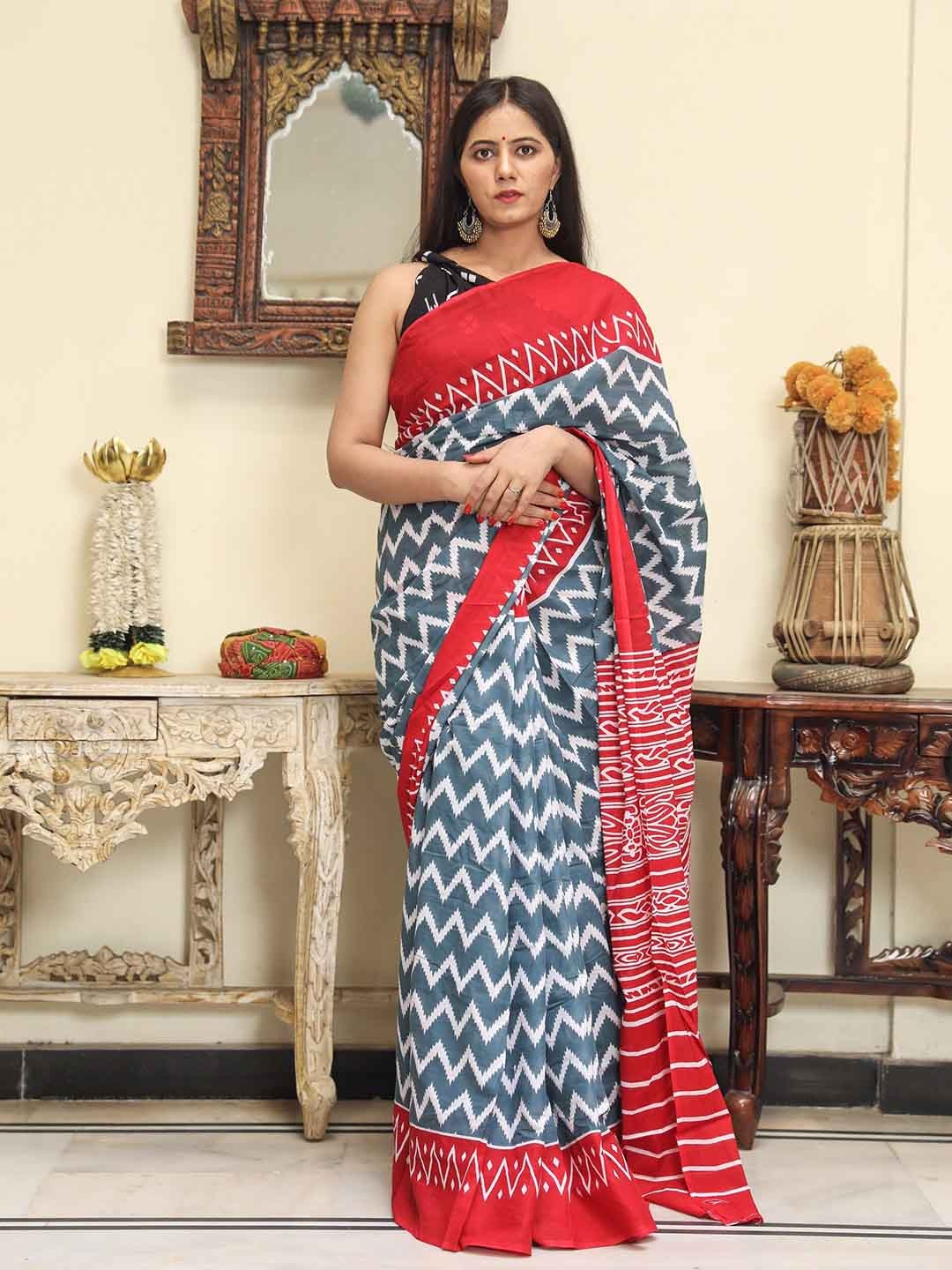 

Sanganeri Print Pure Cotton Bagru Saree, Red