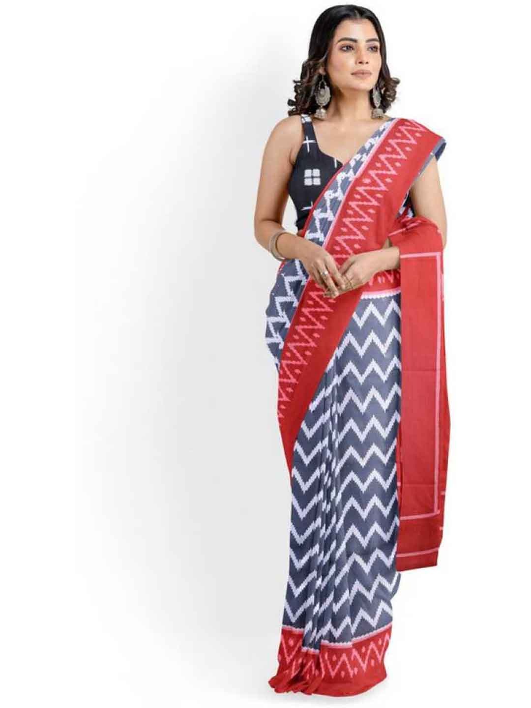 

Sanganeri Print Geometric Printed Pure Cotton Bagru Saree, Grey