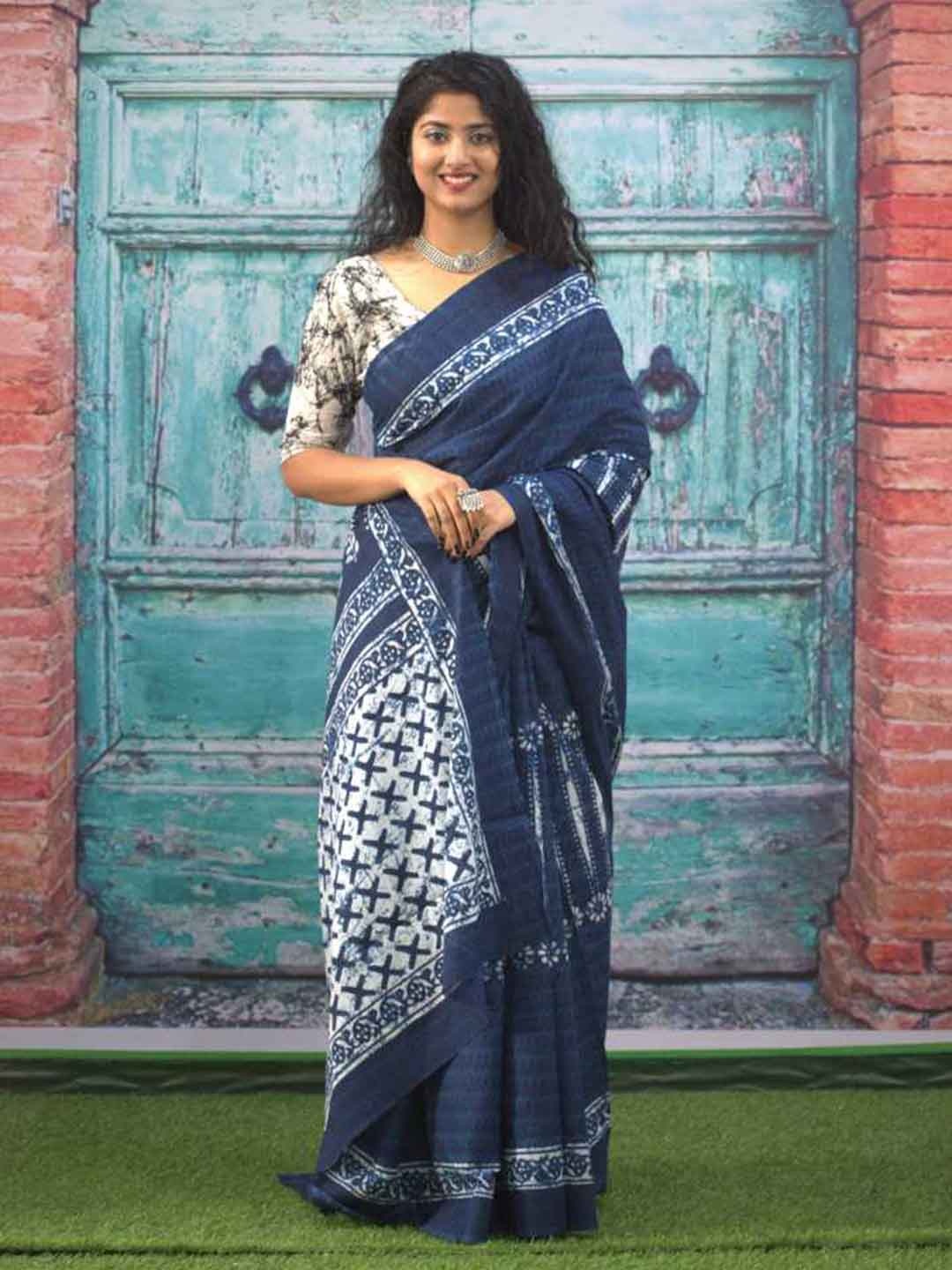 

Sanganeri Print Ethnic Motifs Pure Cotton Saree, Blue