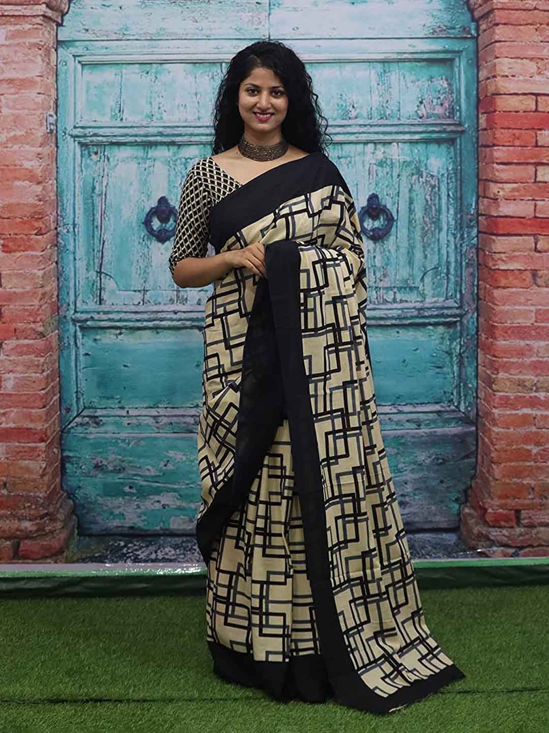 

Sanganeri Print Checked Pure Cotton Block Print Saree, Black
