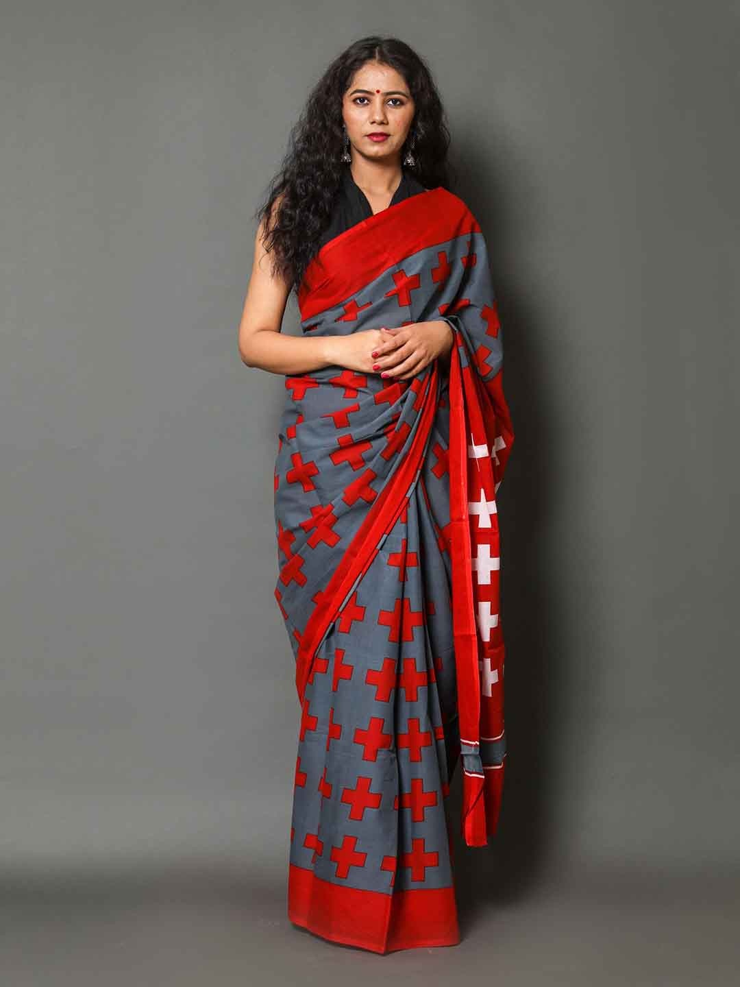

Sanganeri Print Pure Cotton Bagru Saree, Red