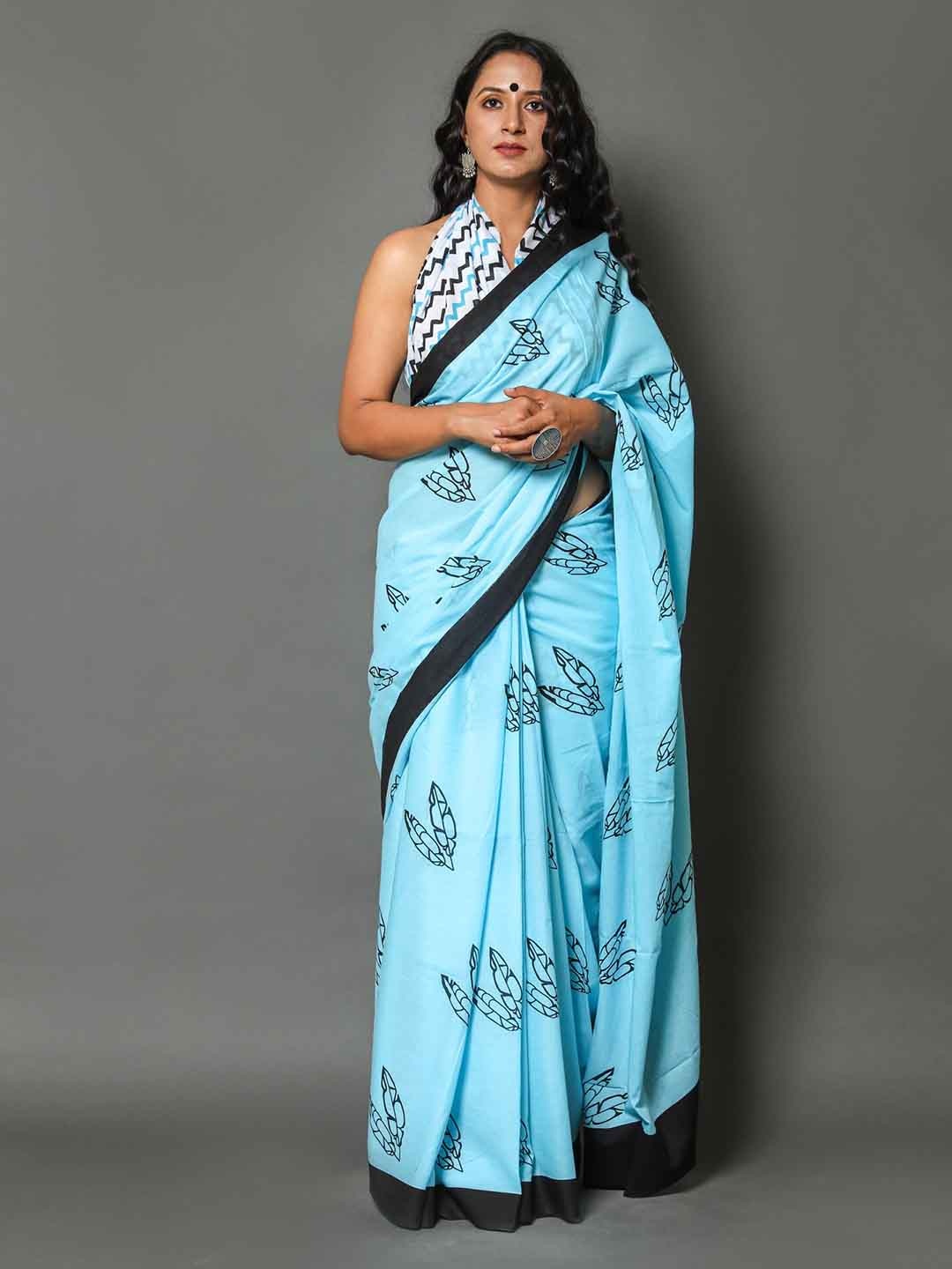 

Sanganeri Print Floral Pure Cotton Block Print Saree, Turquoise blue