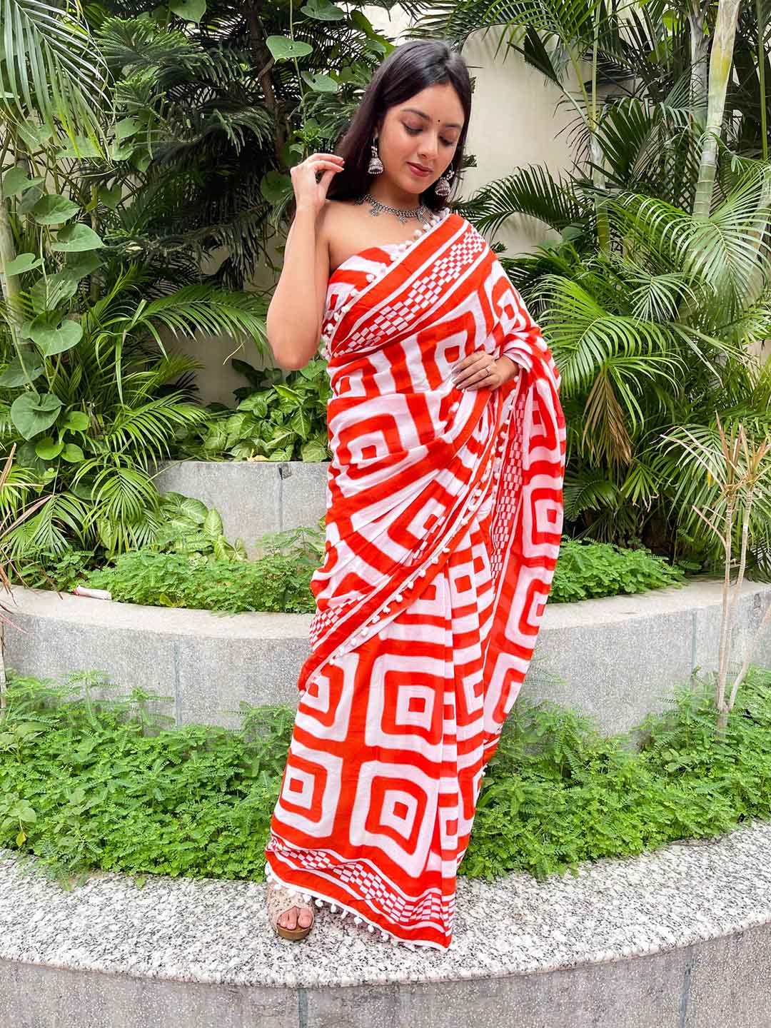 

Sanganeri Print Pure Cotton Handloom Bagru Saree, Orange
