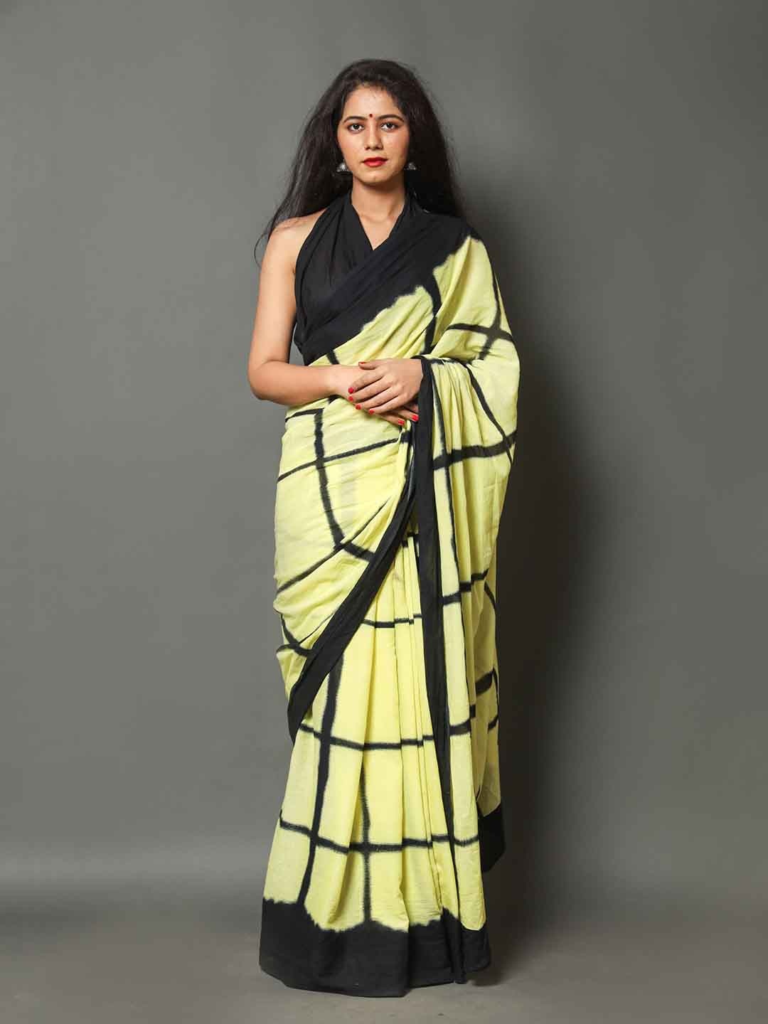 

Sanganeri Print Checked Pure Cotton Bandhani Saree, Lime green
