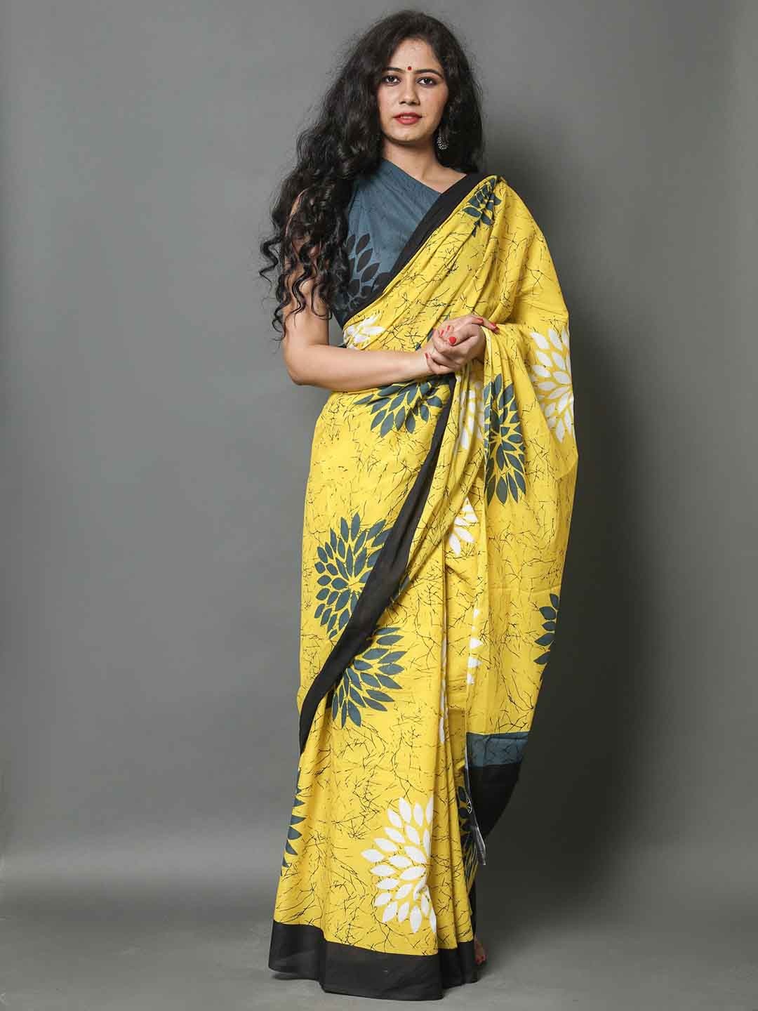 

Sanganeri Print Floral Printed Pure Cotton Block Print Saree, Yellow