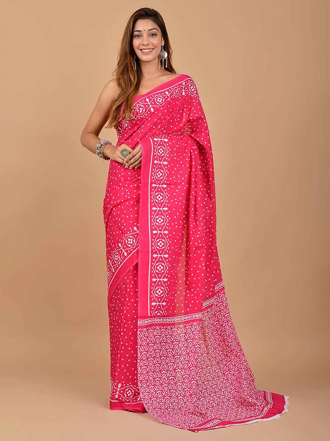 

Sanganeri Print Polka Dot Pure Cotton Block Print Saree, Pink