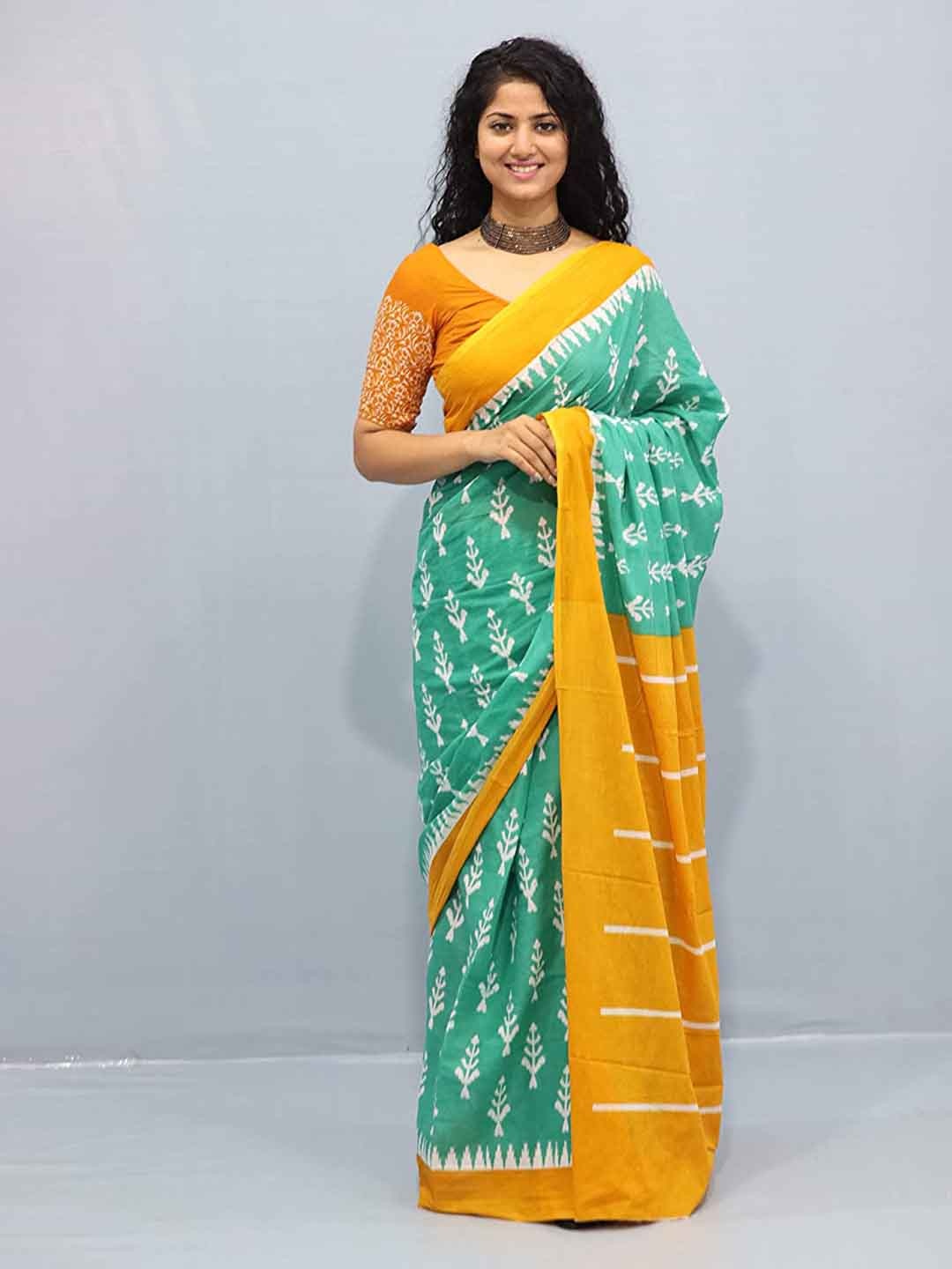 

Sanganeri Print Floral Printed Pure Cotton Ikat Saree, Green