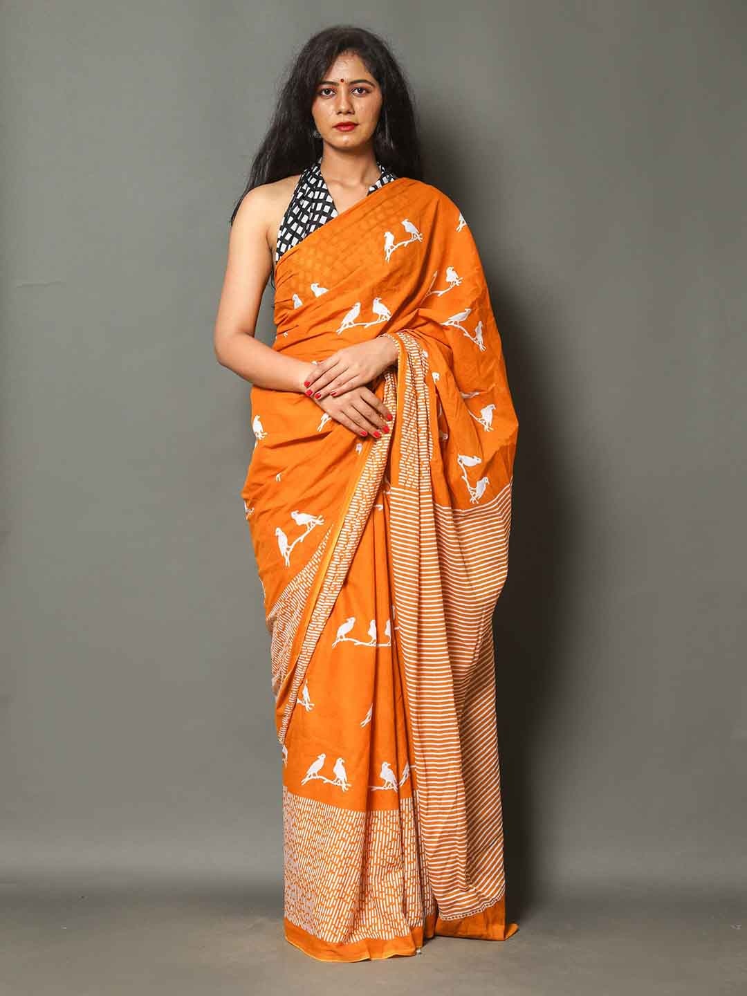 

Sanganeri Print Ethnic Motifs Pure Cotton Block Print Saree, Orange