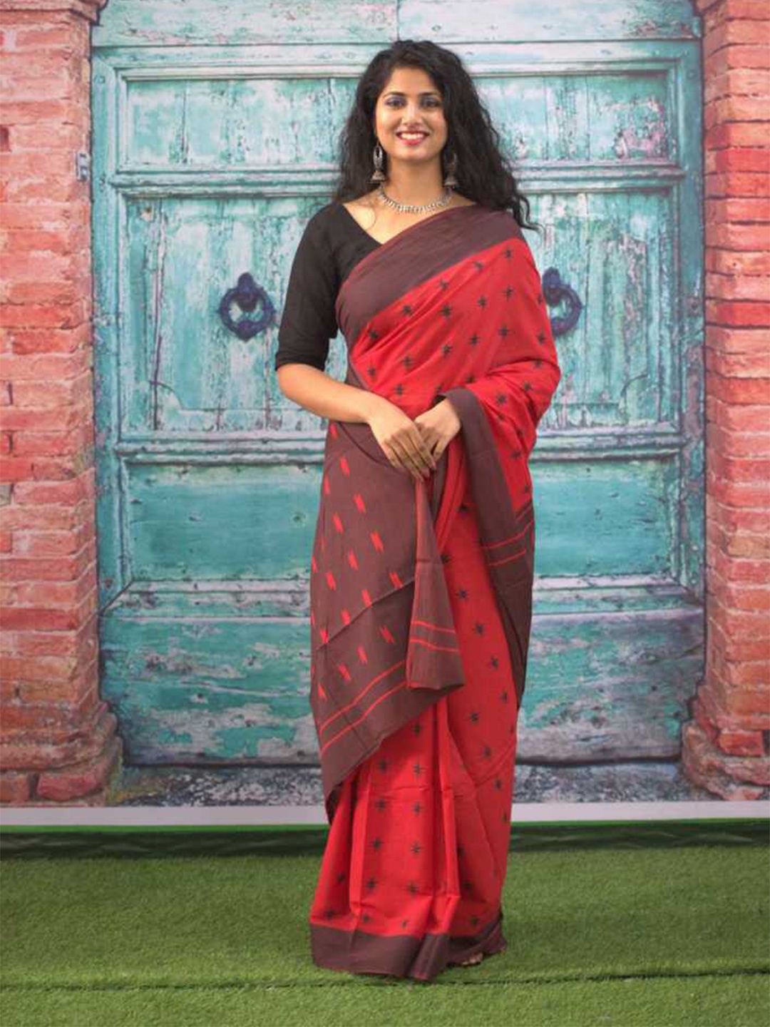 

Sanganeri Print Geometric Printed Pure Cotton Block Print Saree, Red