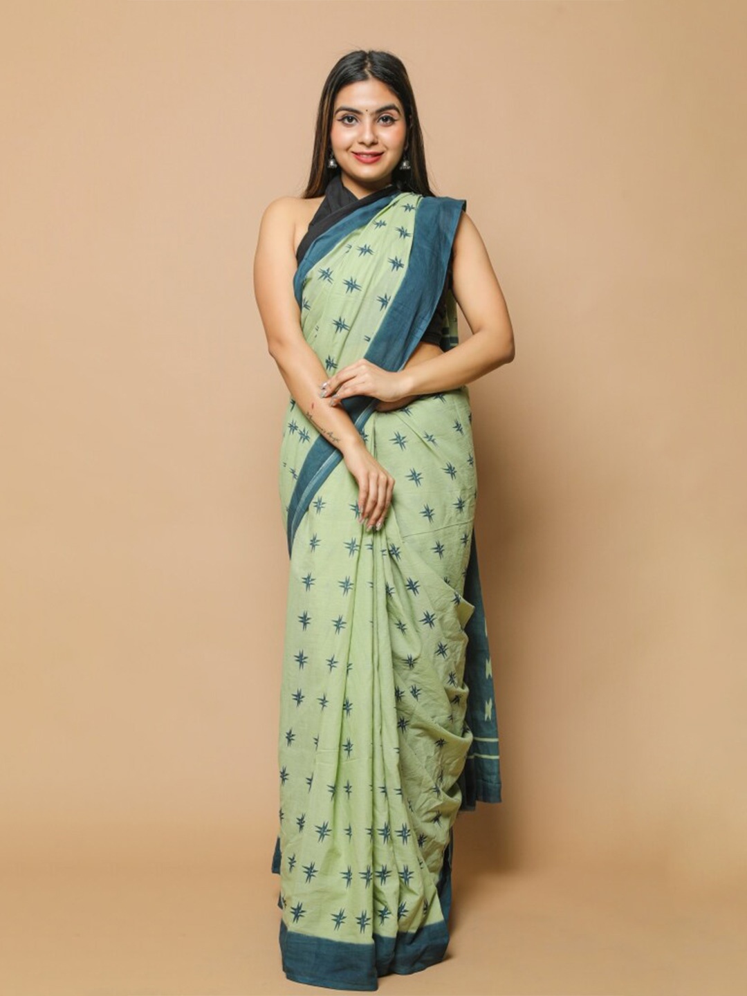 

Sanganeri Print Pure Cotton Block Print Saree, Sea green