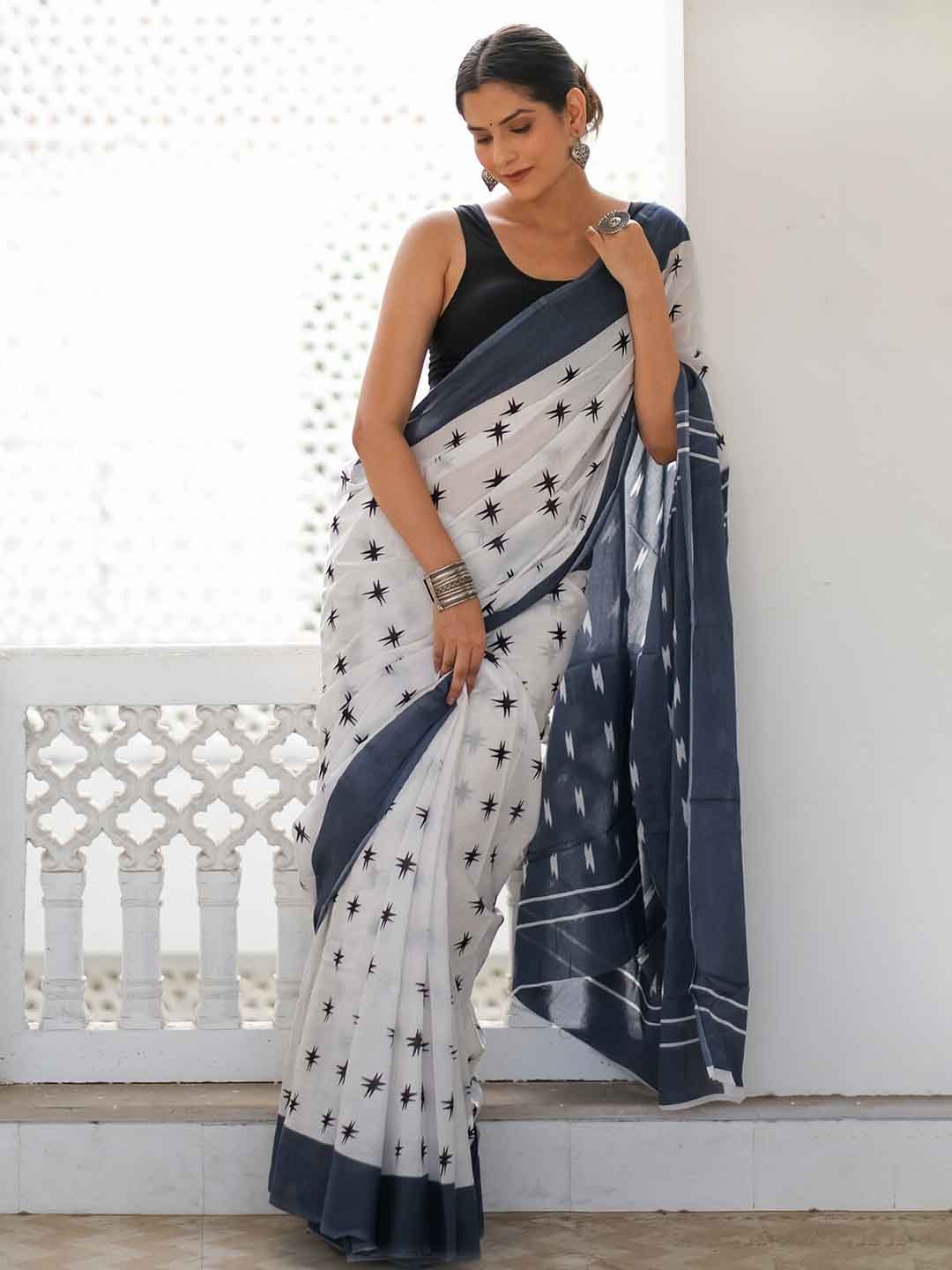 

Sanganeri Print Pure Cotton Block Print Saree, White