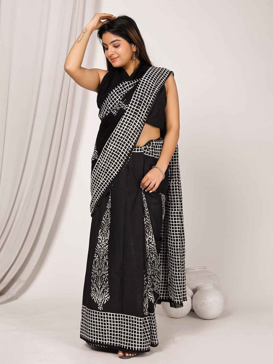 

Sanganeri Print Floral Pure Cotton Bagru Saree, Black
