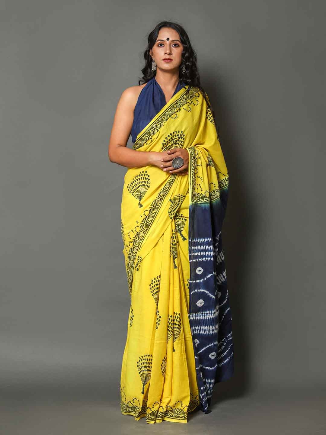 

Sanganeri Print Floral Pure Cotton Block Print Saree, Yellow