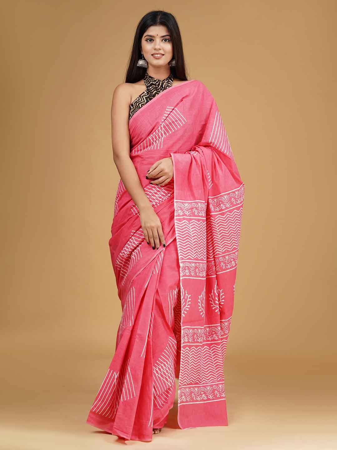 

Sanganeri Print Geometric Printed Pure Cotton Bagru Saree, Pink
