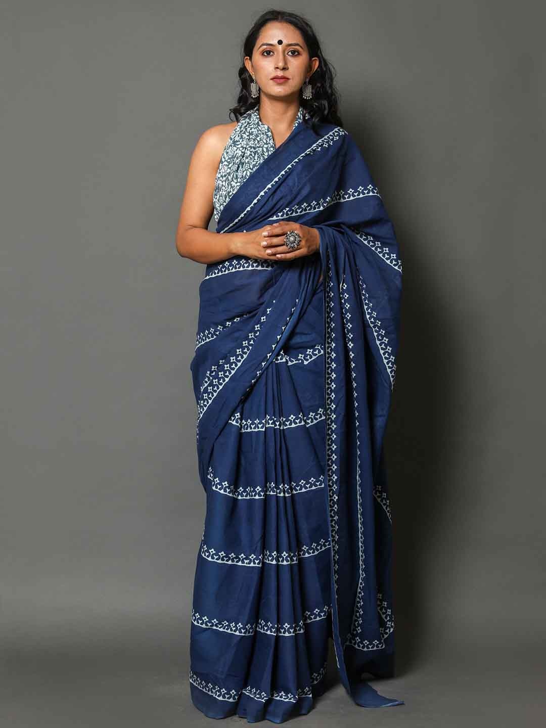 

Sanganeri Print Ethnic Motifs Pure Cotton Bagru Saree, Blue