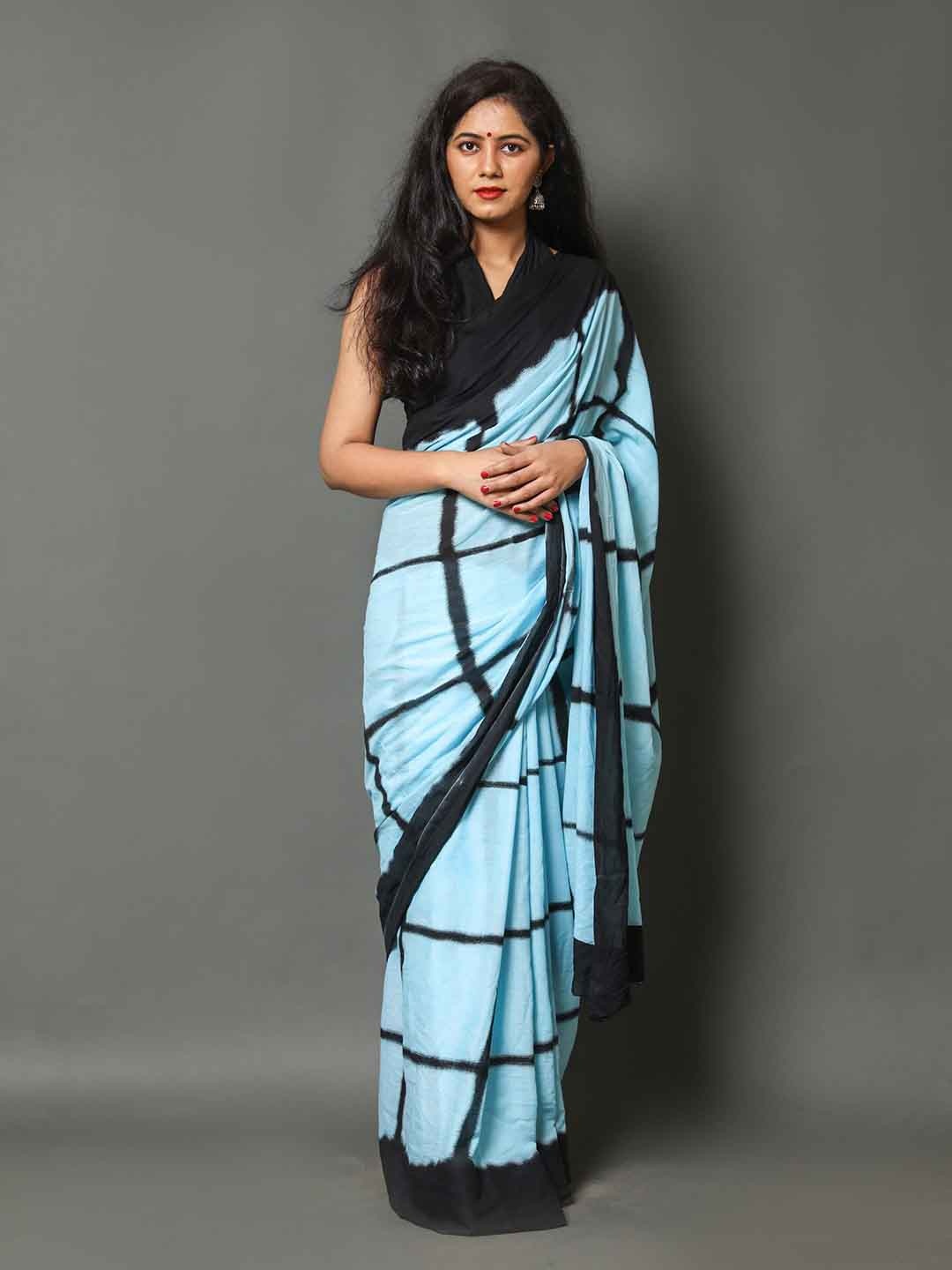 

Sanganeri Print Checked Pure Cotton Bagru Saree, Turquoise blue