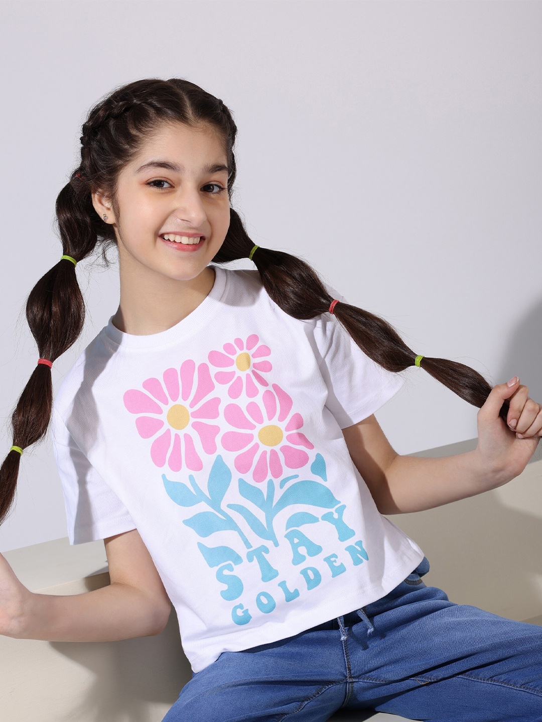 

BAESD Girls Floral Printed Organic Cotton T-shirt, Off white