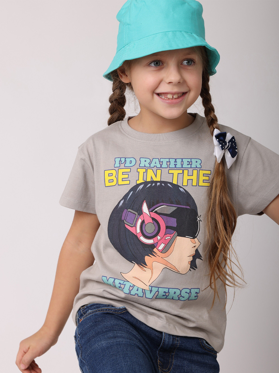 

BAESD Girls Metaverse Printed Pure Organic Cotton T-shirt, Grey