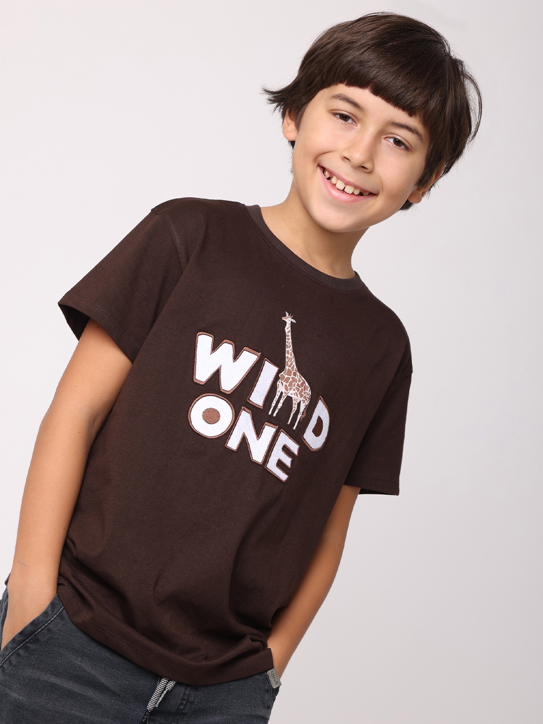 BAESD Boys Typography Printed Organic Cotton T-shirt, Brown
