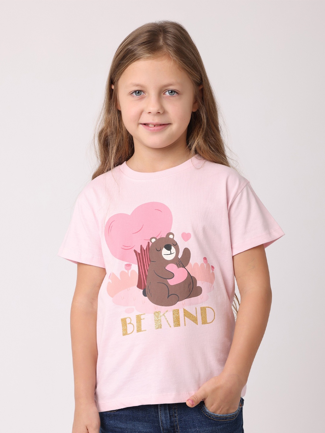

BAESD Girls Graphic Printed Round Neck Organic Cotton T-shirt, Pink