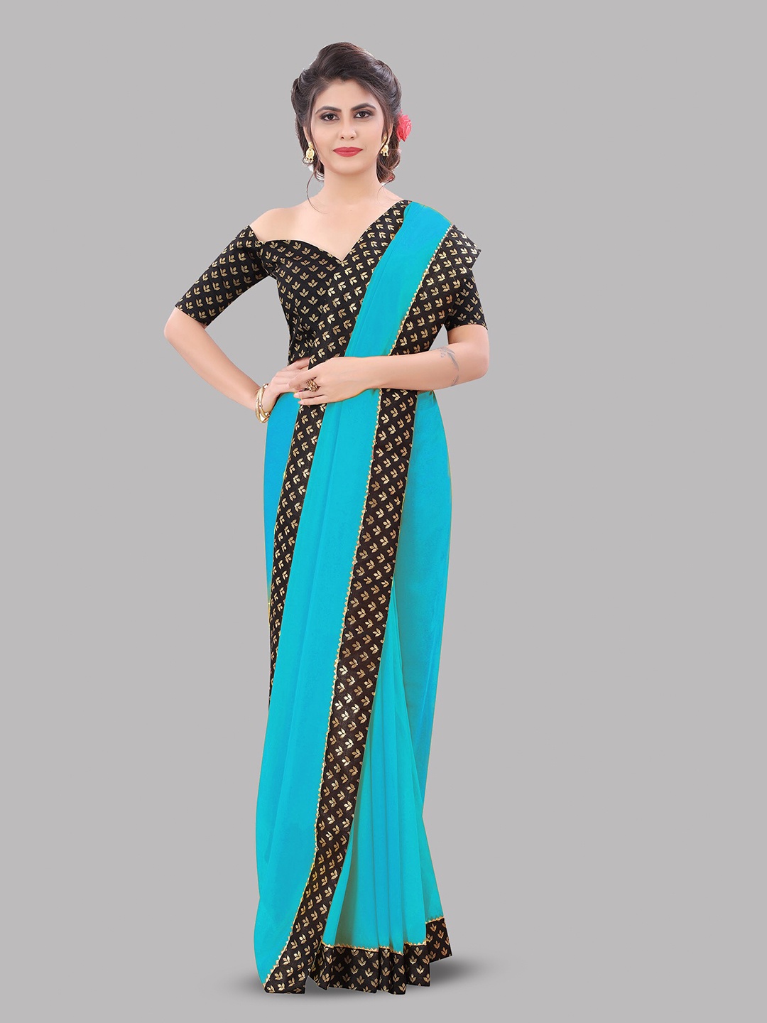 

Reeta Fashion Pure Georgette Jacquard Lace Saree, Blue