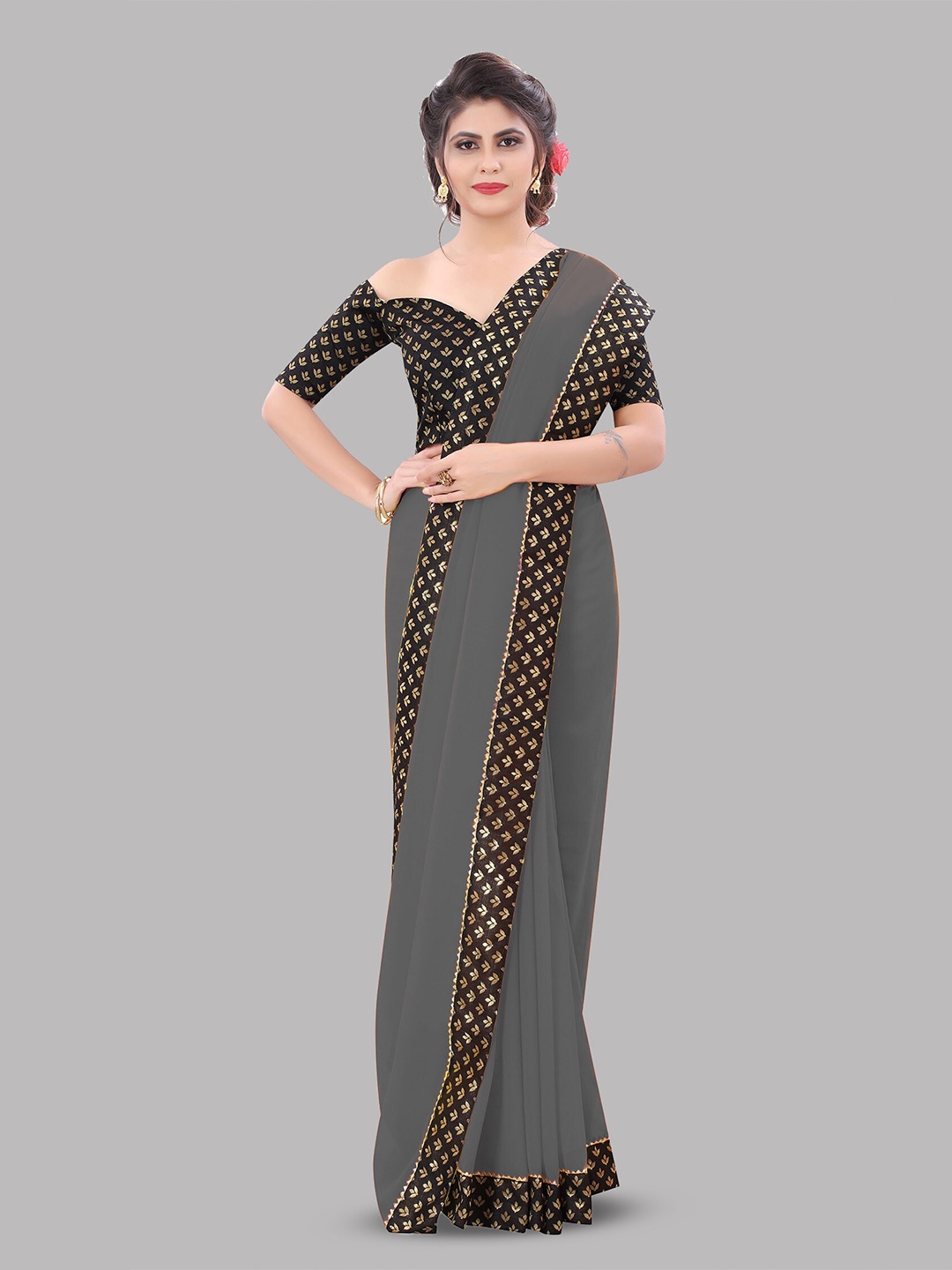 

Reeta Fashion Zari Pure Georgette Saree, Grey