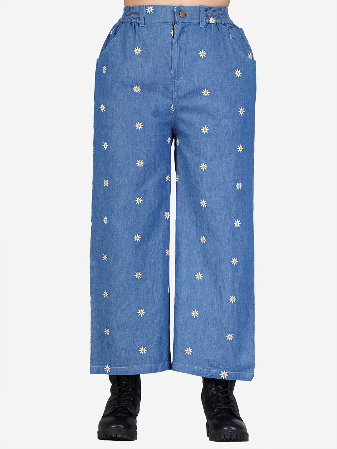 

SUMAVI-FASHION Women Floral Printed Mid-Rise Denim Trousers, Blue