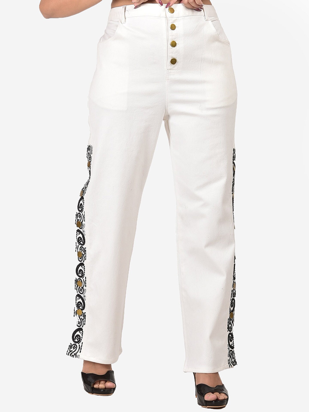 

SUMAVI-FASHION Women Floral Embroidered Mid-Rise Denim Trousers, White