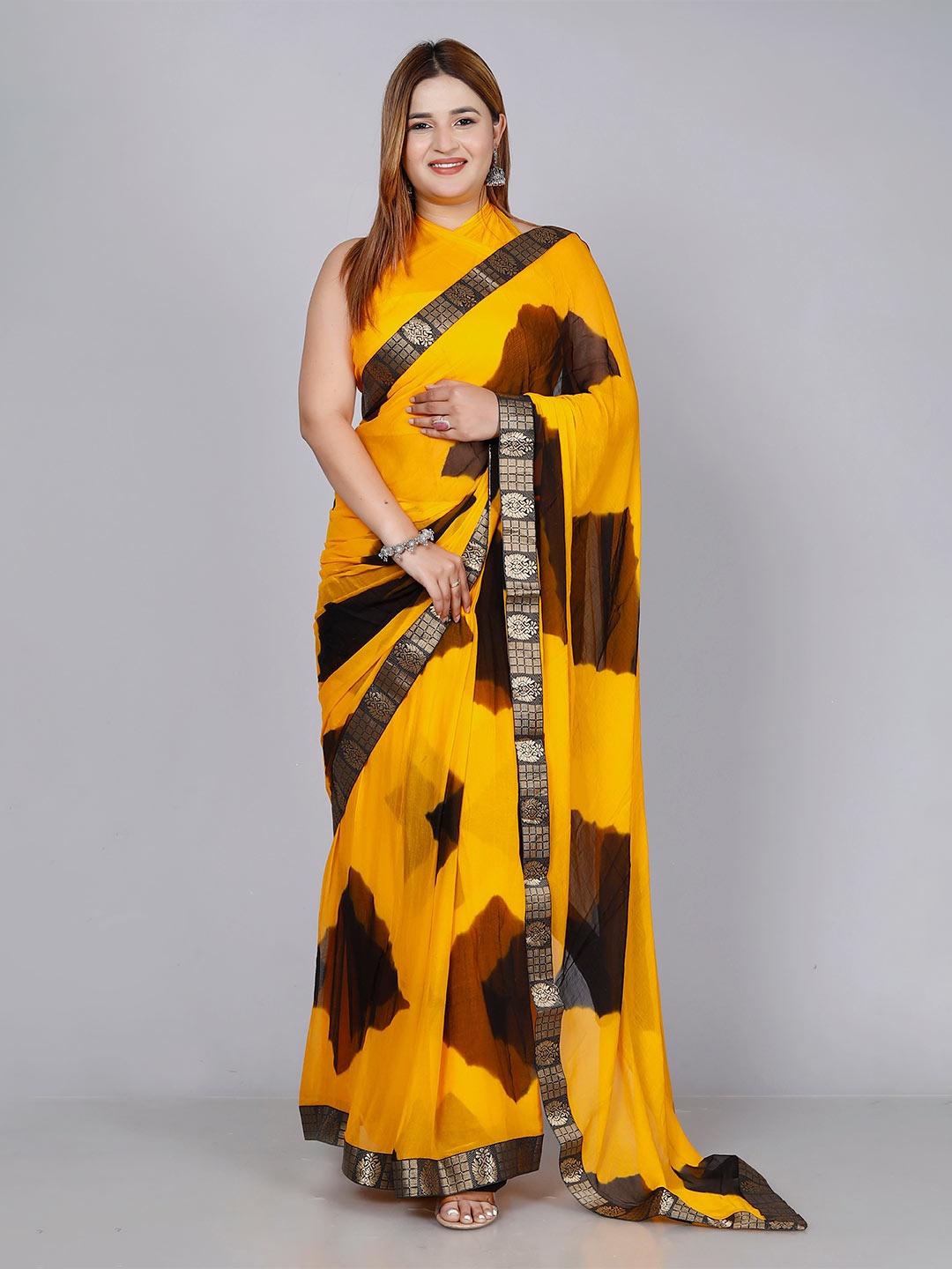 

VL SAREES Geometric Printed Zari Pure Chiffon Leheriya Saree, Yellow