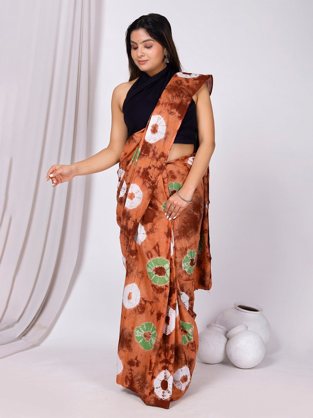 

Sanganeri Print Bandhani Printed Pure Cotton Bagru Saree, Brown