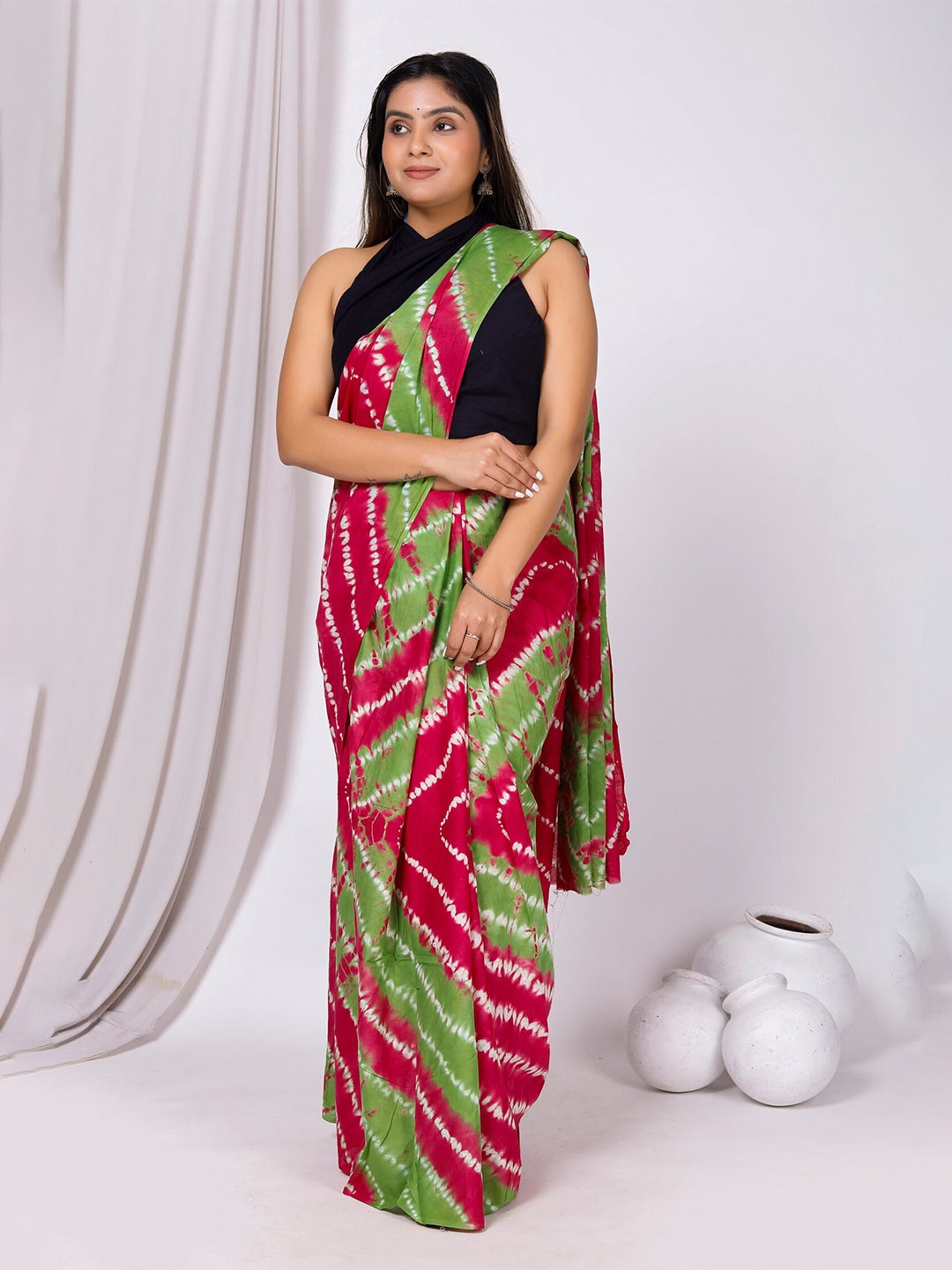 

Sanganeri Print Tie and Dye Pure Cotton Bagru Saree, Pink