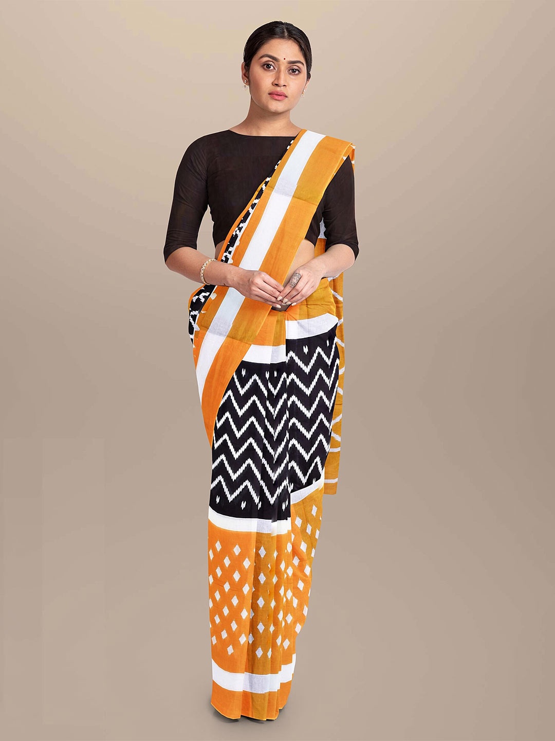 

Sanganeri Print Geometric Printed Pure Cotton Block Print Saree, Orange