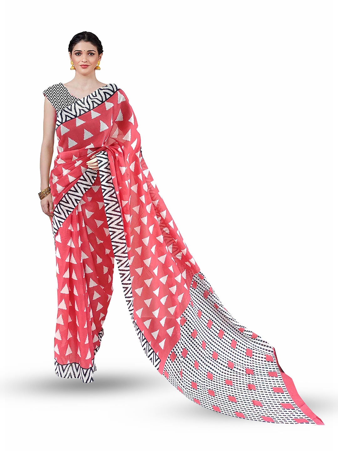 

Sanganeri Print Geometric Printed Pure Cotton Block Print Saree, Red