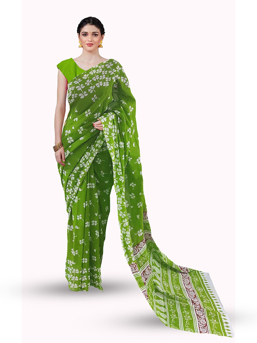 

Sanganeri Print Floral Pure Cotton Block Print Saree, Green