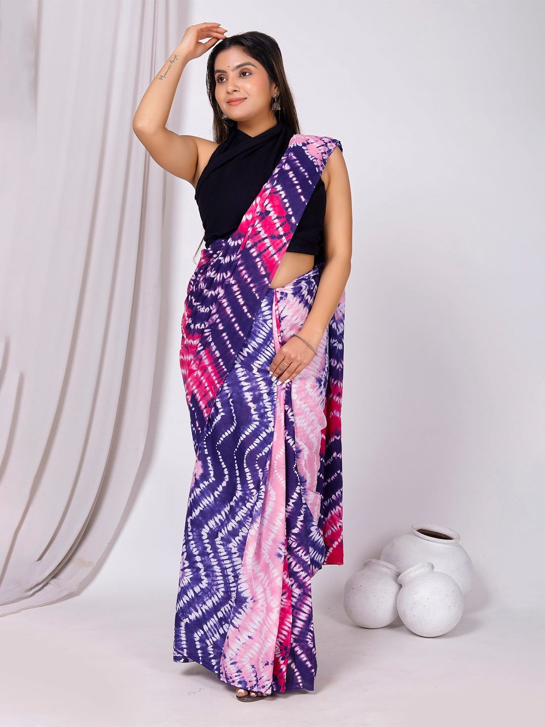 

Sanganeri Print Leheriya Dyed Pure Cotton Bagru Saree, Purple
