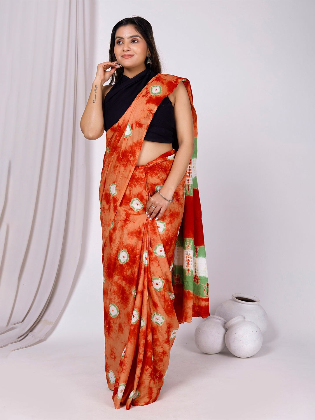 

Sanganeri Print Tie and Dye Pure Cotton Bagru Saree, Red