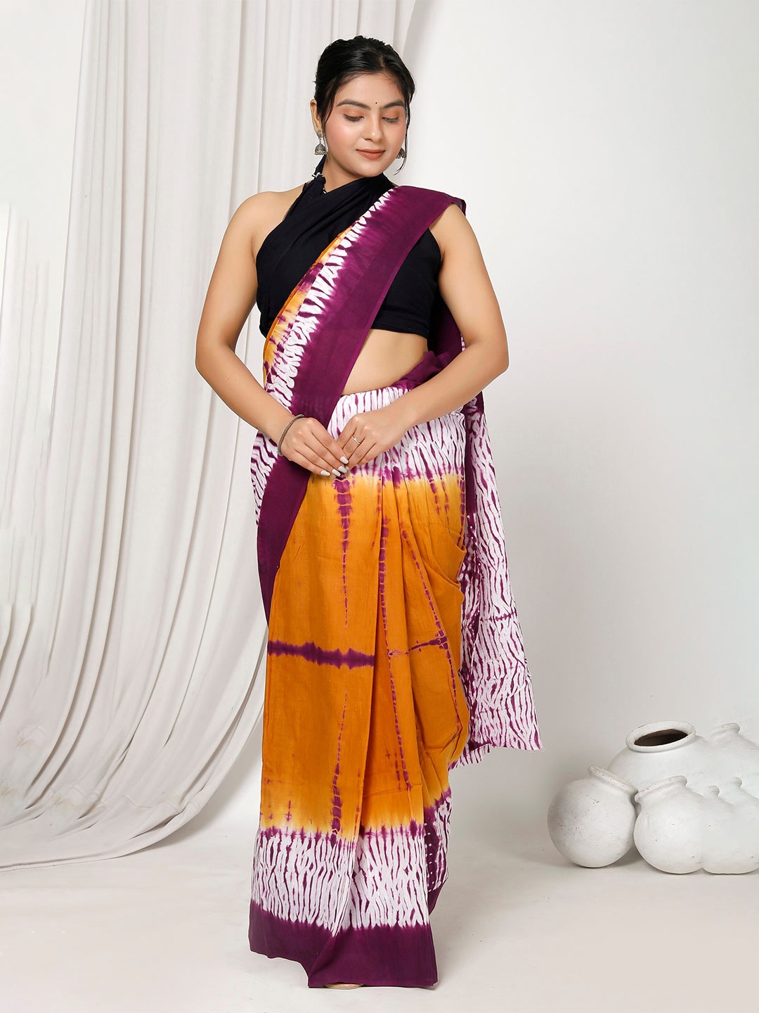 

Sanganeri Print Tie and Dye Pure Cotton Bagru Saree, Mustard