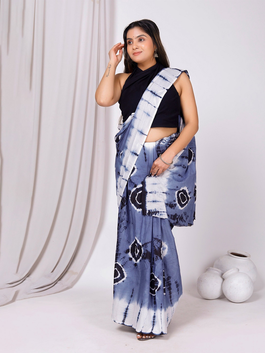 

Sanganeri Print Tie and Dye Pure Cotton Bagru Saree, Blue