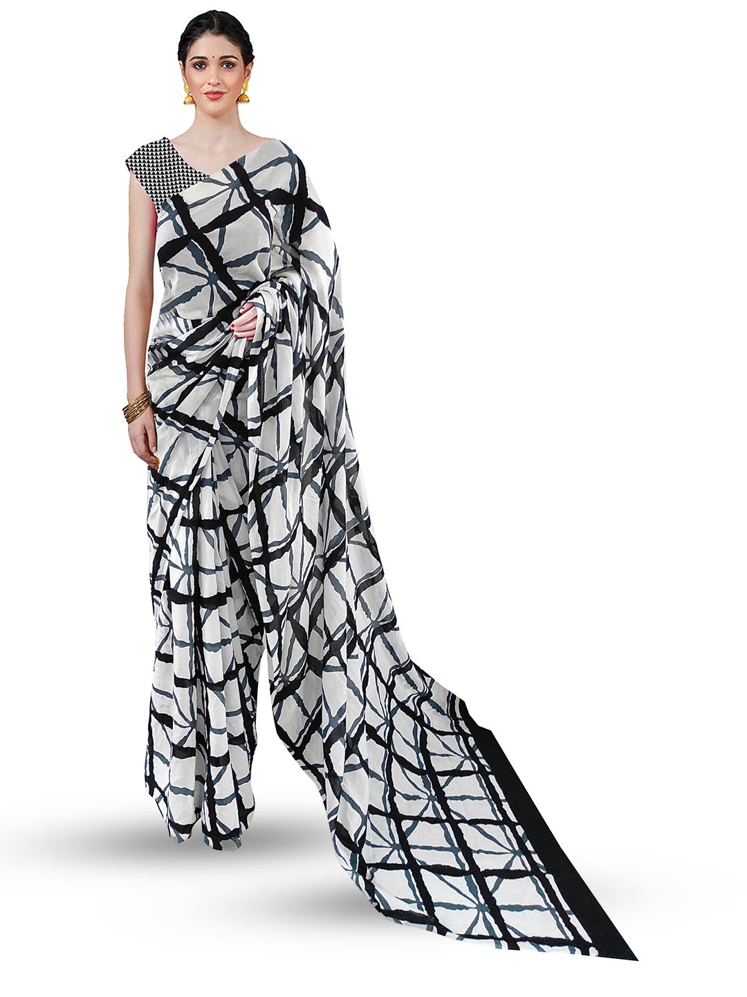

Sanganeri Print Geometric Printed Pure Cotton Block Print Saree, Grey