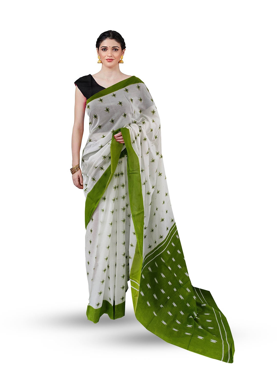 

Sanganeri Print Ethnic Motifs Printed Pure Cotton Block Print Saree, Green